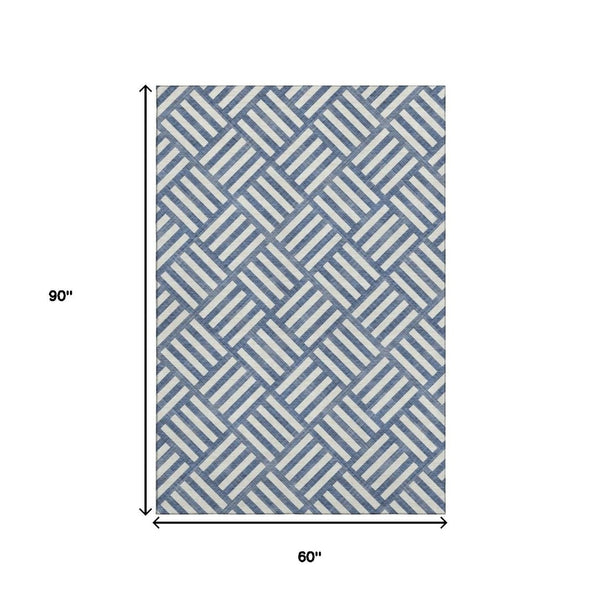 HomeRoots 5' X 8' Navy Blue Geometric Washable Area Rug - Soft, Durable, Stain-Resistant with UV Protection! 652385