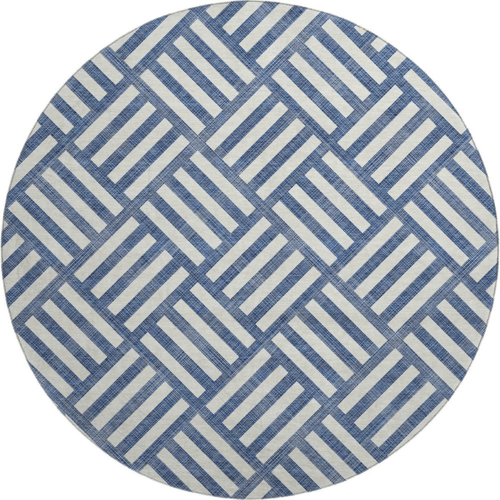 HomeRoots 8' Navy Blue Geometric Round Rug - Washable, UV Protected, Durable Design for High-Traffic Areas 652386