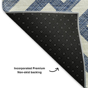 HomeRoots 8' Navy Blue Geometric Round Rug - Washable, UV Protected, Durable Design for High-Traffic Areas 652386