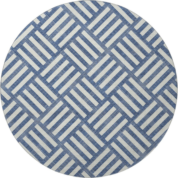 HomeRoots 8' Navy Blue Geometric Round Rug - Washable, UV Protected, Durable Design for High-Traffic Areas 652386