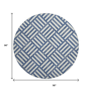 HomeRoots 8' Navy Blue Geometric Round Rug - Washable, UV Protected, Durable Design for High-Traffic Areas 652386