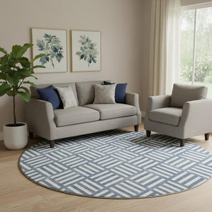 HomeRoots 8' Navy Blue Geometric Round Rug - Washable, UV Protected, Durable Design for High-Traffic Areas 652386