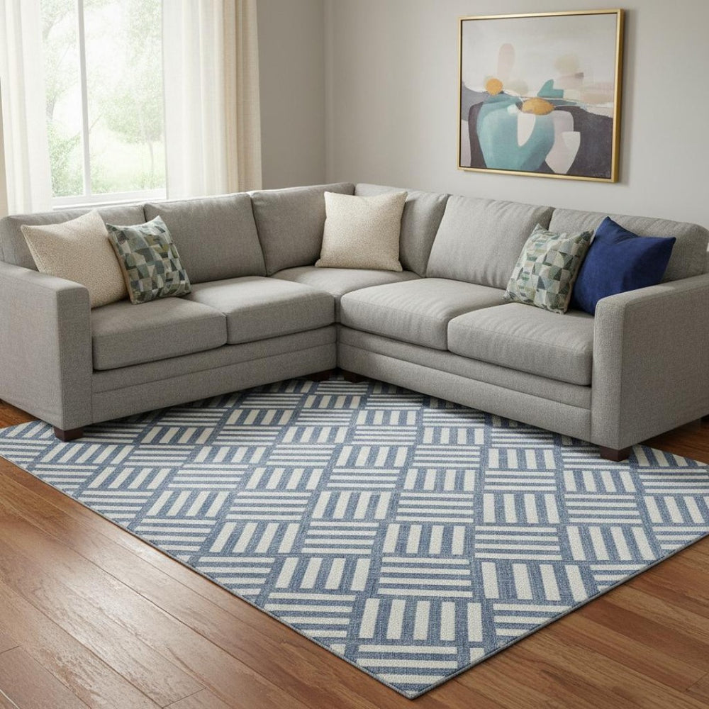 HomeRoots 8' X 10' Stylish Navy Blue & Ivory Geometric Area Rug – Washable, Durable, UV Protected for Homes 652387