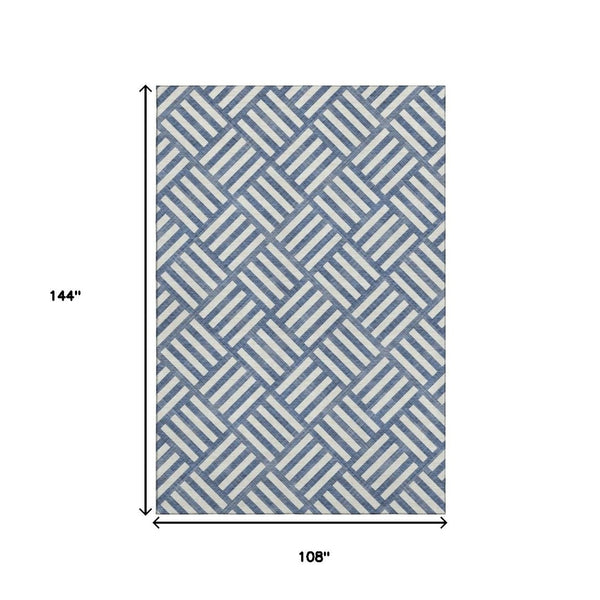 HomeRoots 9' X 12' Navy Blue Geometric Area Rug - Washable, UV Protected, Stain Resistant, Modern Design 652388