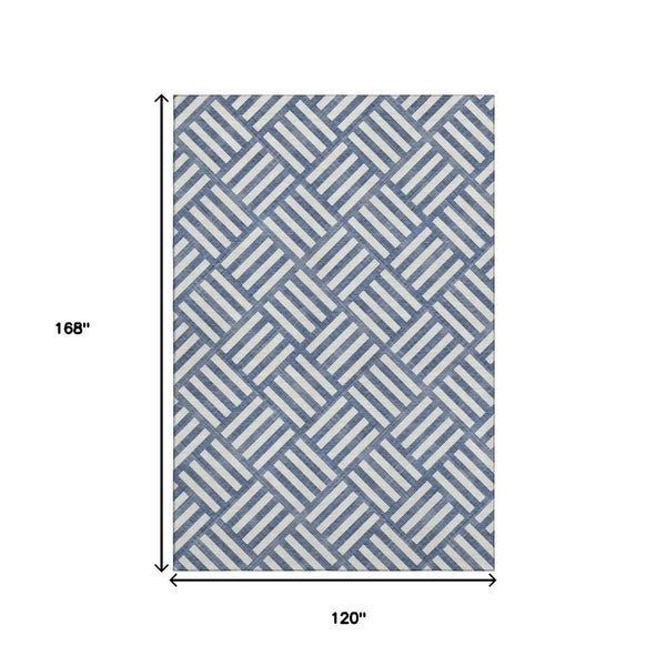 HomeRoots 10' Navy Blue & Ivory Geometric Area Rug - Washable, UV Protected, Stain-Resistant for Modern Homes 652389