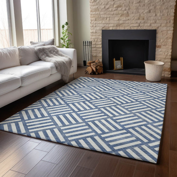 HomeRoots 10' Navy Blue & Ivory Geometric Area Rug - Washable, UV Protected, Stain-Resistant for Modern Homes 652389