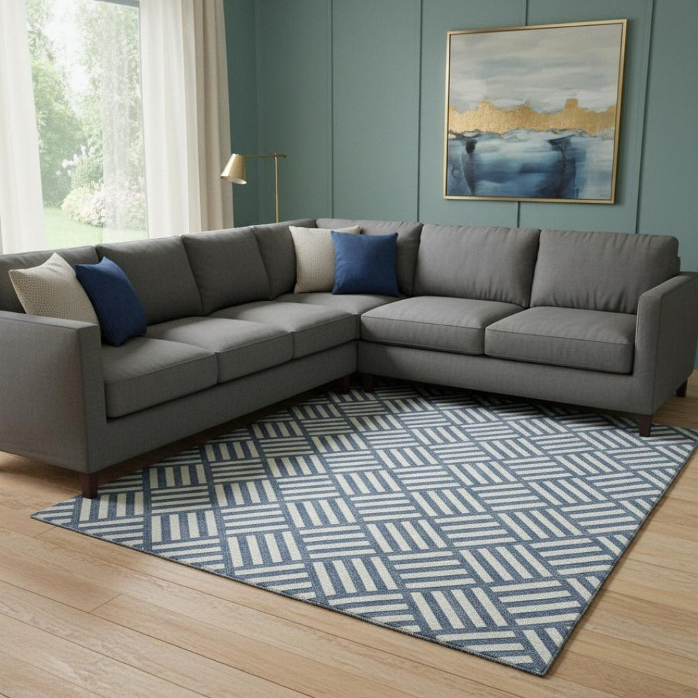HomeRoots 10' Navy Blue & Ivory Geometric Area Rug - Washable, UV Protected, Stain-Resistant for Modern Homes 652389