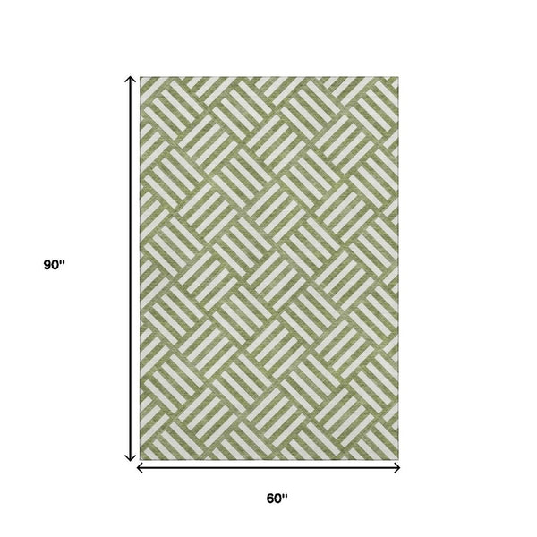 HomeRoots 5' X 8' Olive Green & Ivory Geometric Washable Area Rug - Durable, Stain Resistant & UV Protected! 652391