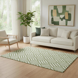 HomeRoots 5' X 8' Olive Green & Ivory Geometric Washable Area Rug - Durable, Stain Resistant & UV Protected! 652391