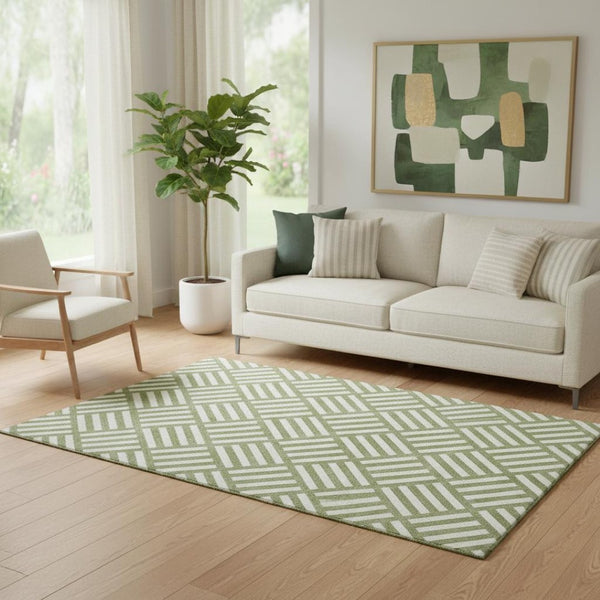 HomeRoots 5' X 8' Olive Green & Ivory Geometric Washable Area Rug - Durable, Stain Resistant & UV Protected! 652391