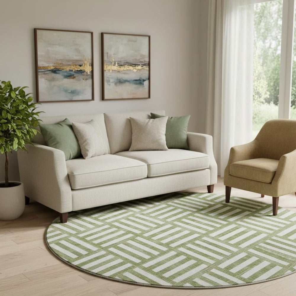 HomeRoots 8' Olive Green and Ivory Geometric Round Rug – Washable, UV-Protected, Durable for Home & Outdoor Use 652392