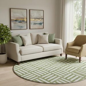 HomeRoots 8' Olive Green and Ivory Geometric Round Rug – Washable, UV-Protected, Durable for Home & Outdoor Use 652392