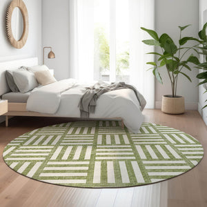 HomeRoots 8' Olive Green and Ivory Geometric Round Rug – Washable, UV-Protected, Durable for Home & Outdoor Use 652392
