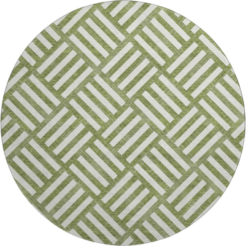 HomeRoots 8' Olive Green and Ivory Geometric Round Rug – Washable, UV-Protected, Durable for Home & Outdoor Use 652392