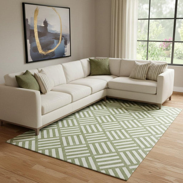HomeRoots 8' X 10' Olive Green Geometric Area Rug - Washable, UV-Protected, Durable, and Stain-Resistant Design 652393