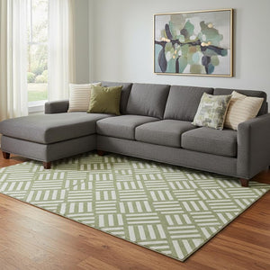 HomeRoots 9' X 12' Olive Green & Ivory Geometric Area Rug – Durable, Washable, UV-Protected for High-Traffic Rooms 652394