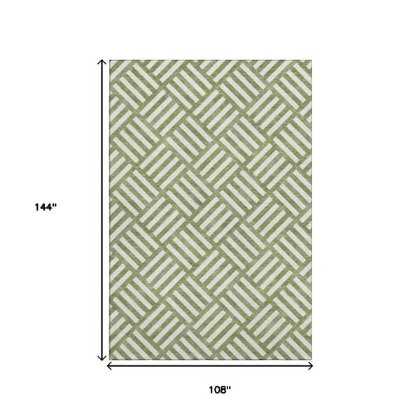 HomeRoots 9' X 12' Olive Green & Ivory Geometric Area Rug – Durable, Washable, UV-Protected for High-Traffic Rooms 652394