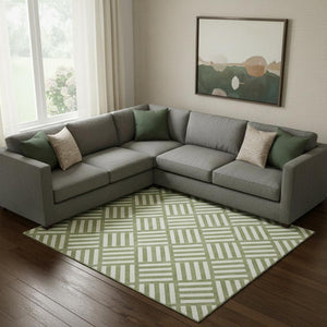 HomeRoots 10' Olive Green and Ivory Geometric Area Rug - Washable, UV Protected, Modern Style for High-Traffic Areas 652395