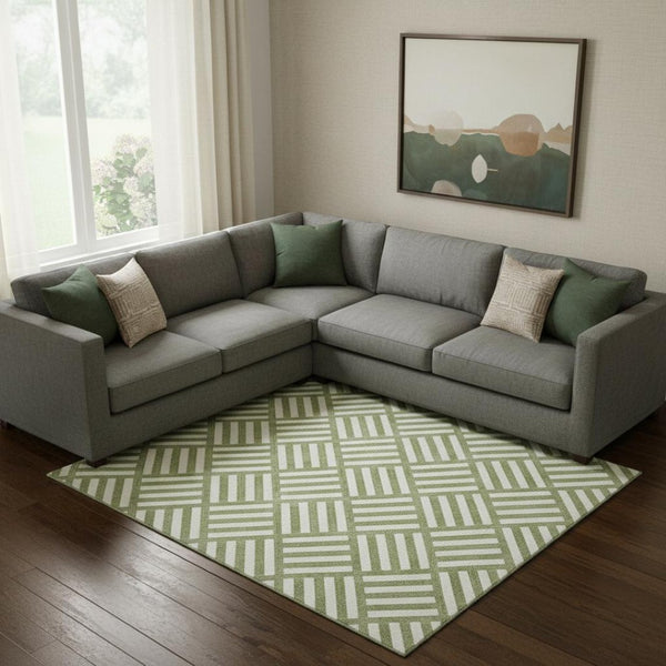 HomeRoots 10' Olive Green and Ivory Geometric Area Rug - Washable, UV Protected, Modern Style for High-Traffic Areas 652395