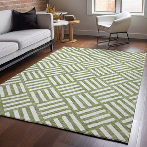 HomeRoots 10' Olive Green and Ivory Geometric Area Rug - Washable, UV Protected, Modern Style for High-Traffic Areas 652395