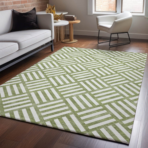 HomeRoots 10' Olive Green and Ivory Geometric Area Rug - Washable, UV Protected, Modern Style for High-Traffic Areas 652395