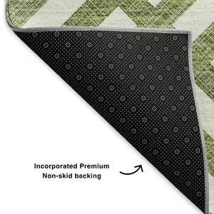HomeRoots 10' Olive Green and Ivory Geometric Area Rug - Washable, UV Protected, Modern Style for High-Traffic Areas 652395