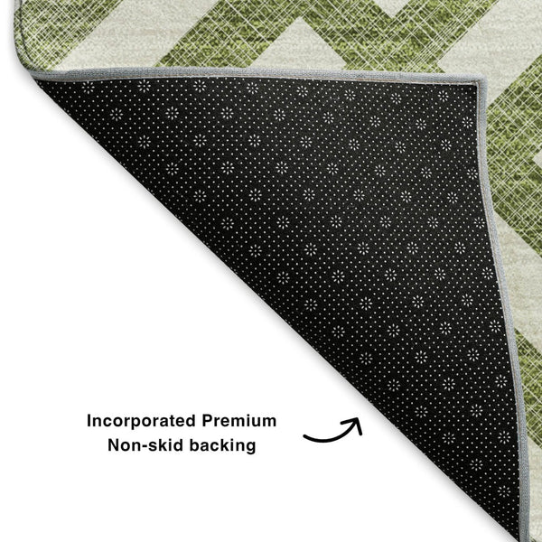 HomeRoots 10' Olive Green and Ivory Geometric Area Rug - Washable, UV Protected, Modern Style for High-Traffic Areas 652395