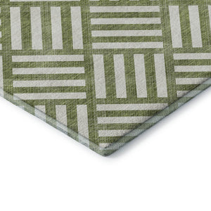 HomeRoots 10' Olive Green and Ivory Geometric Area Rug - Washable, UV Protected, Modern Style for High-Traffic Areas 652395