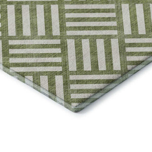 HomeRoots 10' Olive Green and Ivory Geometric Area Rug - Washable, UV Protected, Modern Style for High-Traffic Areas 652395