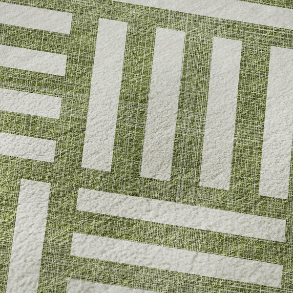HomeRoots 10' Olive Green and Ivory Geometric Area Rug - Washable, UV Protected, Modern Style for High-Traffic Areas 652395
