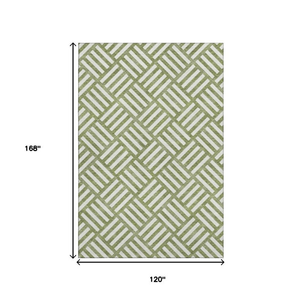HomeRoots 10' Olive Green and Ivory Geometric Area Rug - Washable, UV Protected, Modern Style for High-Traffic Areas 652395