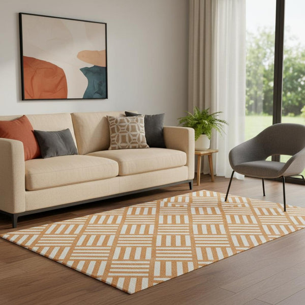 HomeRoots 5' X 8' Orange and Ivory Geometric Area Rug - Stain Resistant, UV Protected, Easy Care for Homes 652397