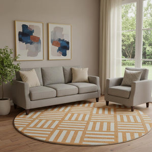 HomeRoots 8' Orange and Ivory Geometric Round Rug - UV Protected, Washable, Stylish & Durable for Every Home 652398