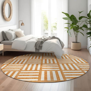 HomeRoots 8' Orange and Ivory Geometric Round Rug - UV Protected, Washable, Stylish & Durable for Every Home 652398