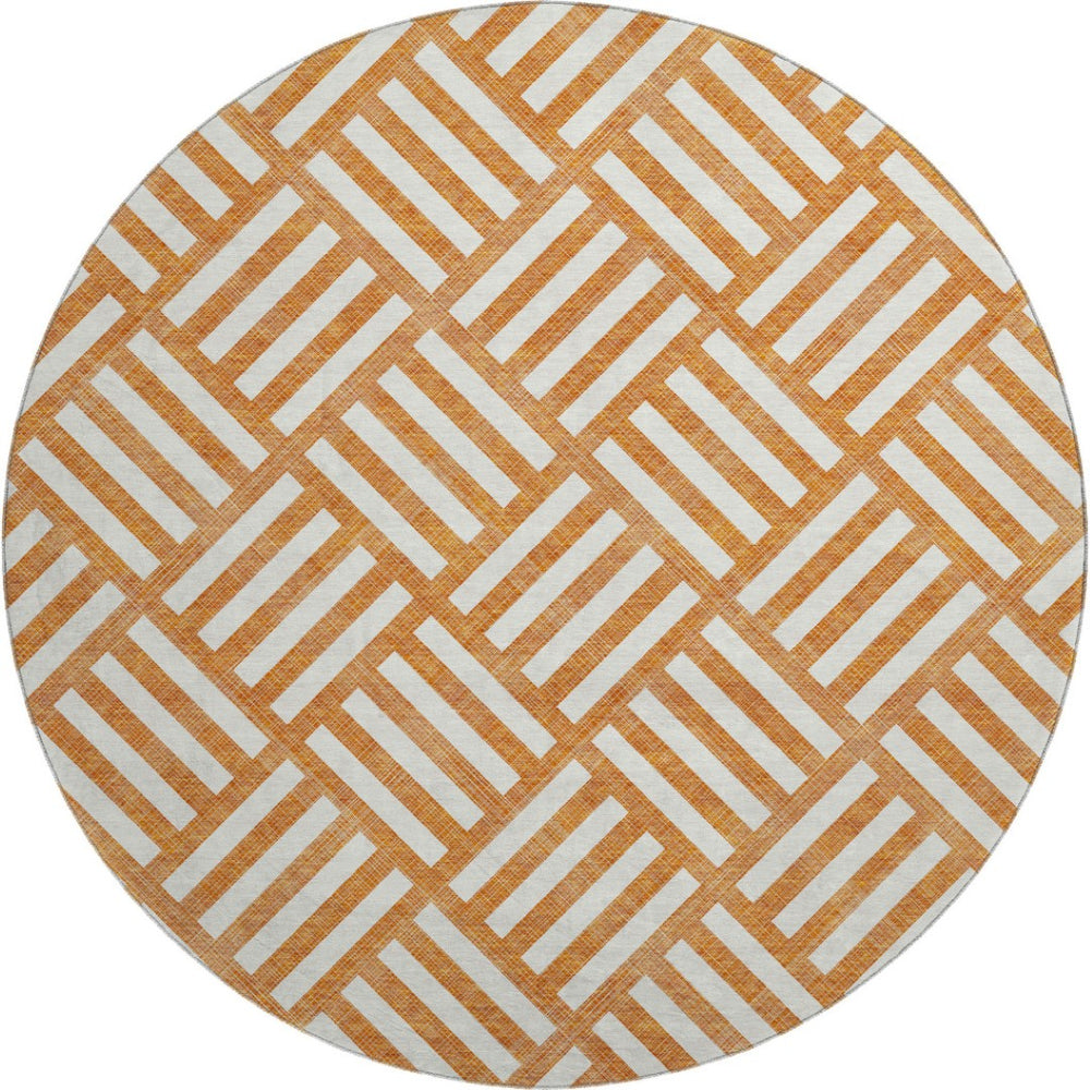 HomeRoots 8' Orange and Ivory Geometric Round Rug - UV Protected, Washable, Stylish & Durable for Every Home 652398