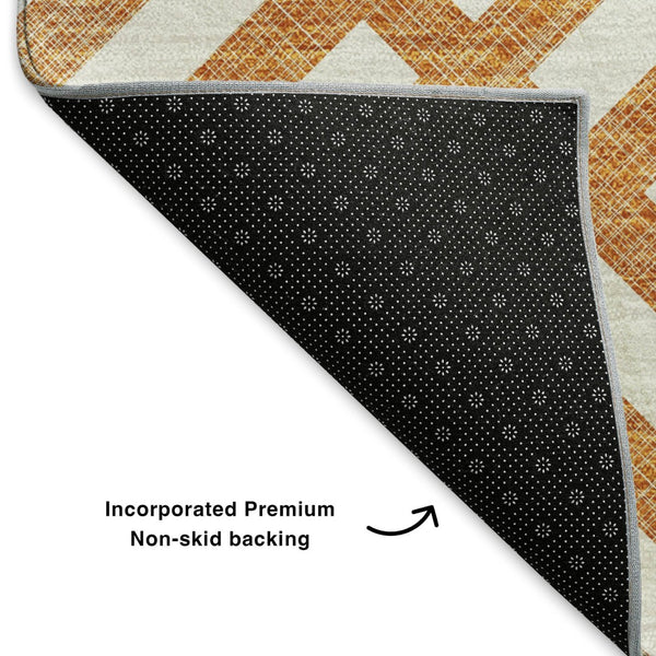 HomeRoots 8' Orange and Ivory Geometric Round Rug - UV Protected, Washable, Stylish & Durable for Every Home 652398