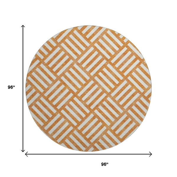 HomeRoots 8' Orange and Ivory Geometric Round Rug - UV Protected, Washable, Stylish & Durable for Every Home 652398
