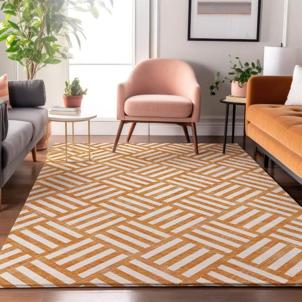 HomeRoots 8' X 10' Vibrant Orange & Ivory Geometric Area Rug - Washable, UV Protected, Stylish & Durable! 652399