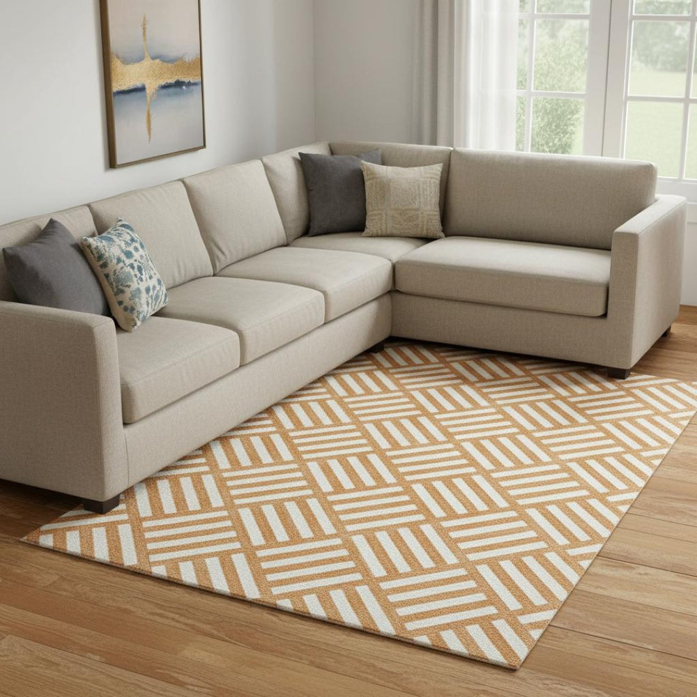 HomeRoots 8' X 10' Vibrant Orange & Ivory Geometric Area Rug - Washable, UV Protected, Stylish & Durable! 652399