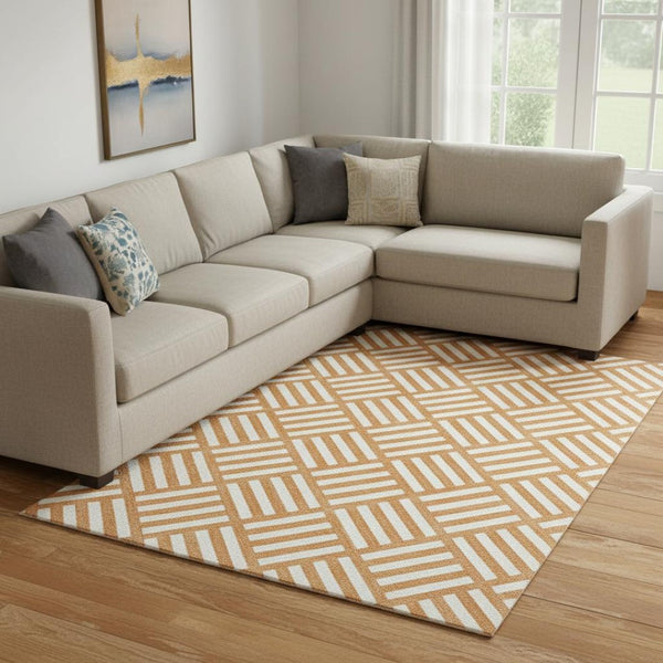 HomeRoots 8' X 10' Vibrant Orange & Ivory Geometric Area Rug - Washable, UV Protected, Stylish & Durable! 652399