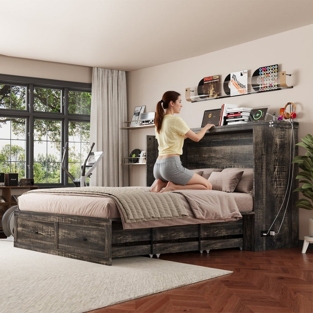 English Elm Queen Murphy Cabinet Bed Rustic Grey Farmhouse Style with Charging Station Storage W5271S00001