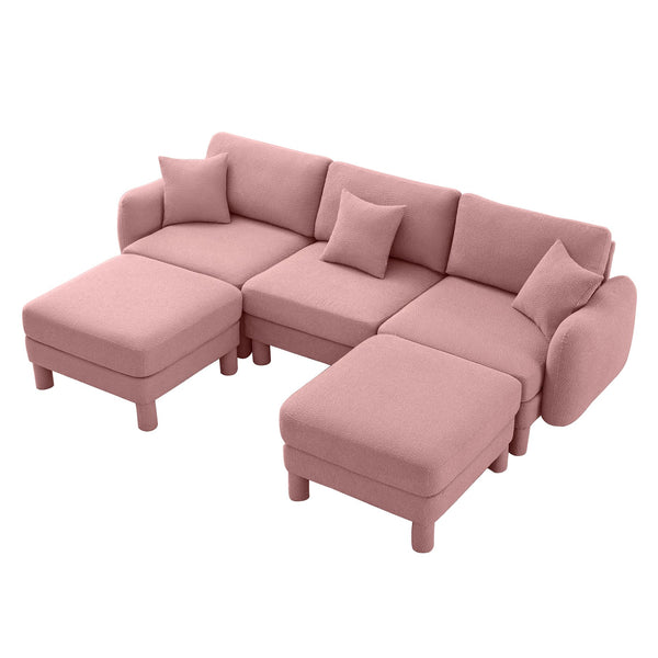 English Elm Boucle U-Shaped 3-Seater Sectional Sofa With Shell Armrests & Movable Ottomans In Chic Pink Color W3041S00294