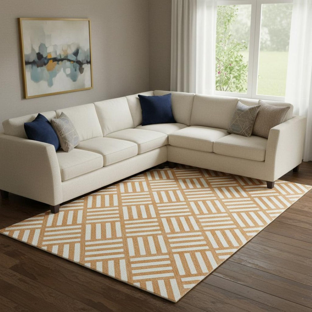 HomeRoots 10' X 14' Bold Orange & Ivory Geometric Area Rug - Washable, UV Protected, Perfect for Family Spaces! 652401