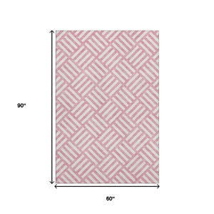 HomeRoots 5' X 8' Pink And Ivory Geometric Area Rug - Washable, UV Protected, Stylish for Family Spaces! 652403