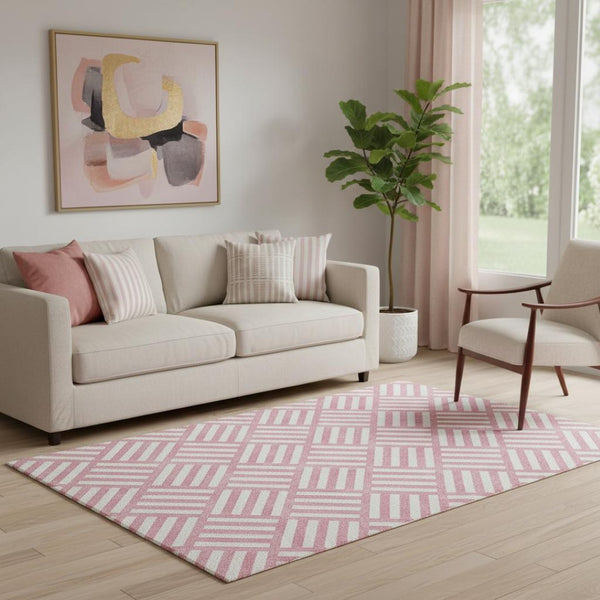 HomeRoots 5' X 8' Pink And Ivory Geometric Area Rug - Washable, UV Protected, Stylish for Family Spaces! 652403