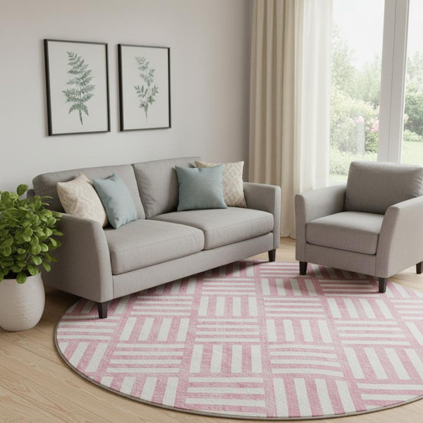 HomeRoots 8' Pink Geometric Round Rug - Washable, UV Protected & Durable for Modern Family Spaces & Playrooms 652404
