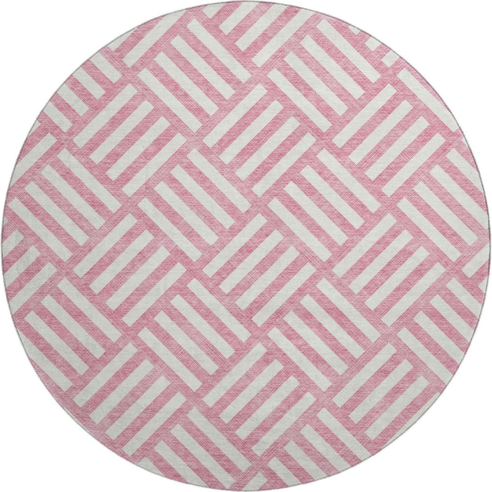 HomeRoots 8' Pink Geometric Round Rug - Washable, UV Protected & Durable for Modern Family Spaces & Playrooms 652404