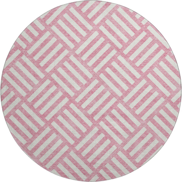 HomeRoots 8' Pink Geometric Round Rug - Washable, UV Protected & Durable for Modern Family Spaces & Playrooms 652404