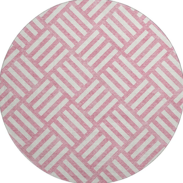 HomeRoots 8' Pink Geometric Round Rug - Washable, UV Protected & Durable for Modern Family Spaces & Playrooms 652404