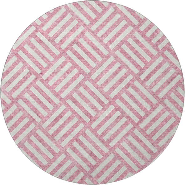 HomeRoots 8' Pink Geometric Round Rug - Washable, UV Protected & Durable for Modern Family Spaces & Playrooms 652404